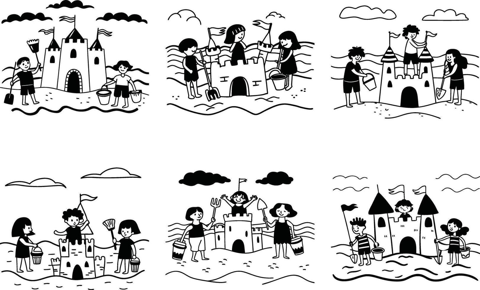 Seamless pattern of children building sandcastles on the beach in black and white vector