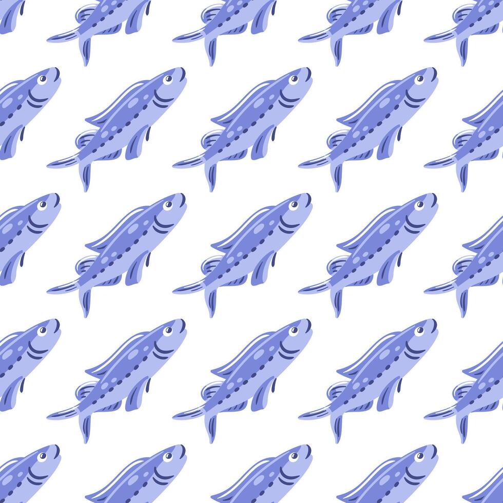seamless symmetrical diagonal pattern features a variety of blue fish. The design captures the essence of ocean life, perfect for water-themed projects and textiles. vector