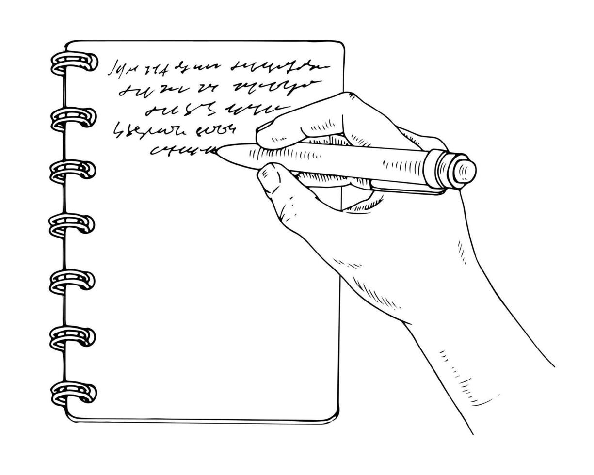 illustration of a hand writing in a notebook. Detailed line art sketch featuring a planner, pen and paper, symbolizing journaling, studying, office work. For stationery and education concepts vector