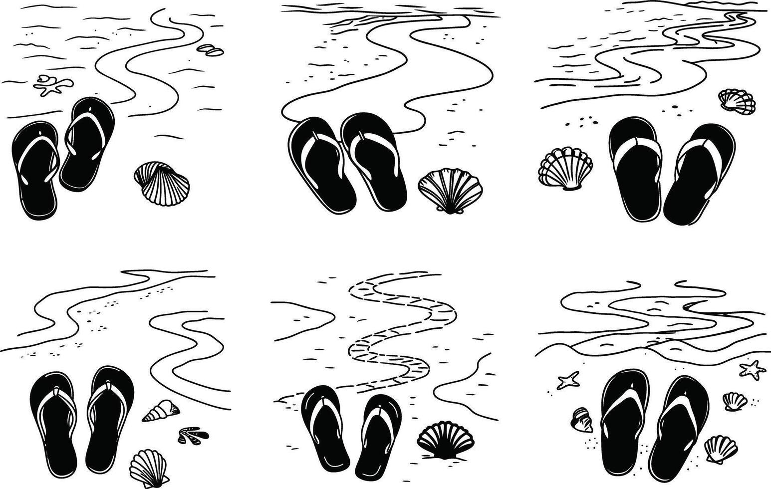 Beach theme seamless pattern with flip flops and seashells in black and white vector