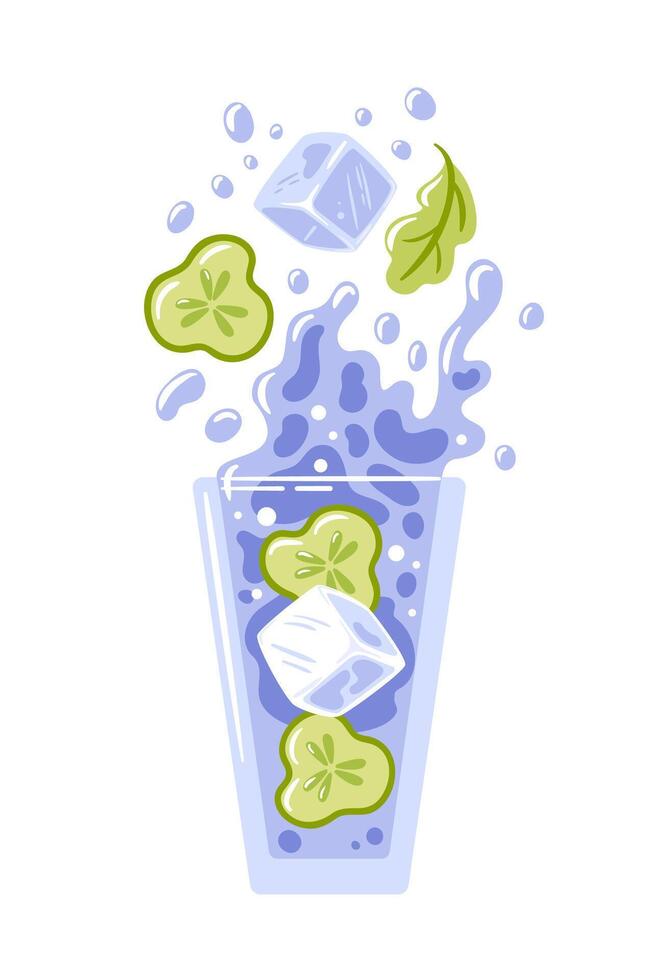 illustration, refreshing drink in a clear glass, showcasing crisp cucumber slices and ice cubes. The lively splashes and bubbles add a sense of movement, capturing the essence of summer vector