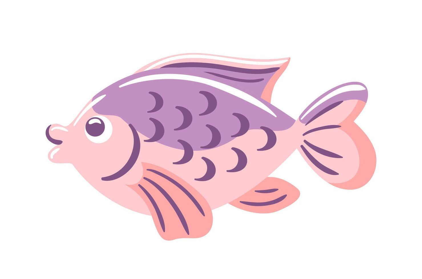 stylized illustration showcases a charming pink fish, characterized by its playful design and smooth lines. Its bright colors and whimsical features evoke a sense of joy, for aquatic-themed art. vector