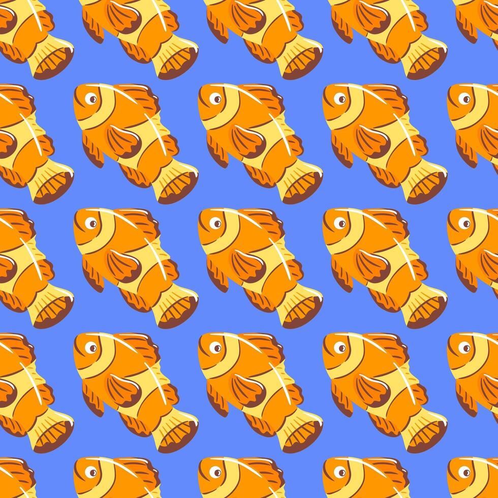 seamless pattern of a clownfish showcases its striking orange and white stripes, set against a vivid marine background. playful design captures the charm and uniqueness of this iconic sea creature vector