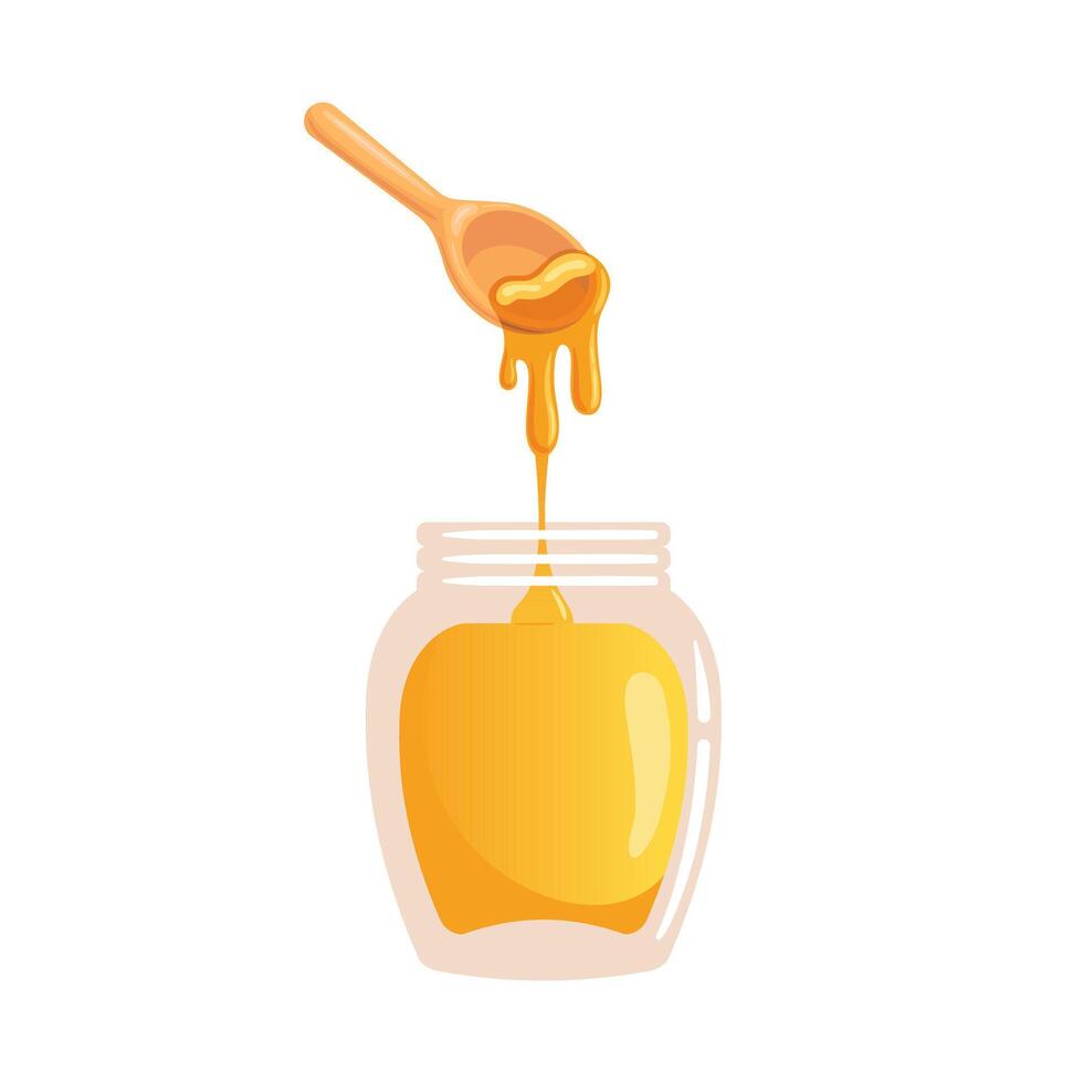 A captivating illustration of honey dripping from a wooden spoon into a glass jar. The rich golden liquid cascades gracefully, highlighting the texture and natural sweetness of honey in a cozy vector