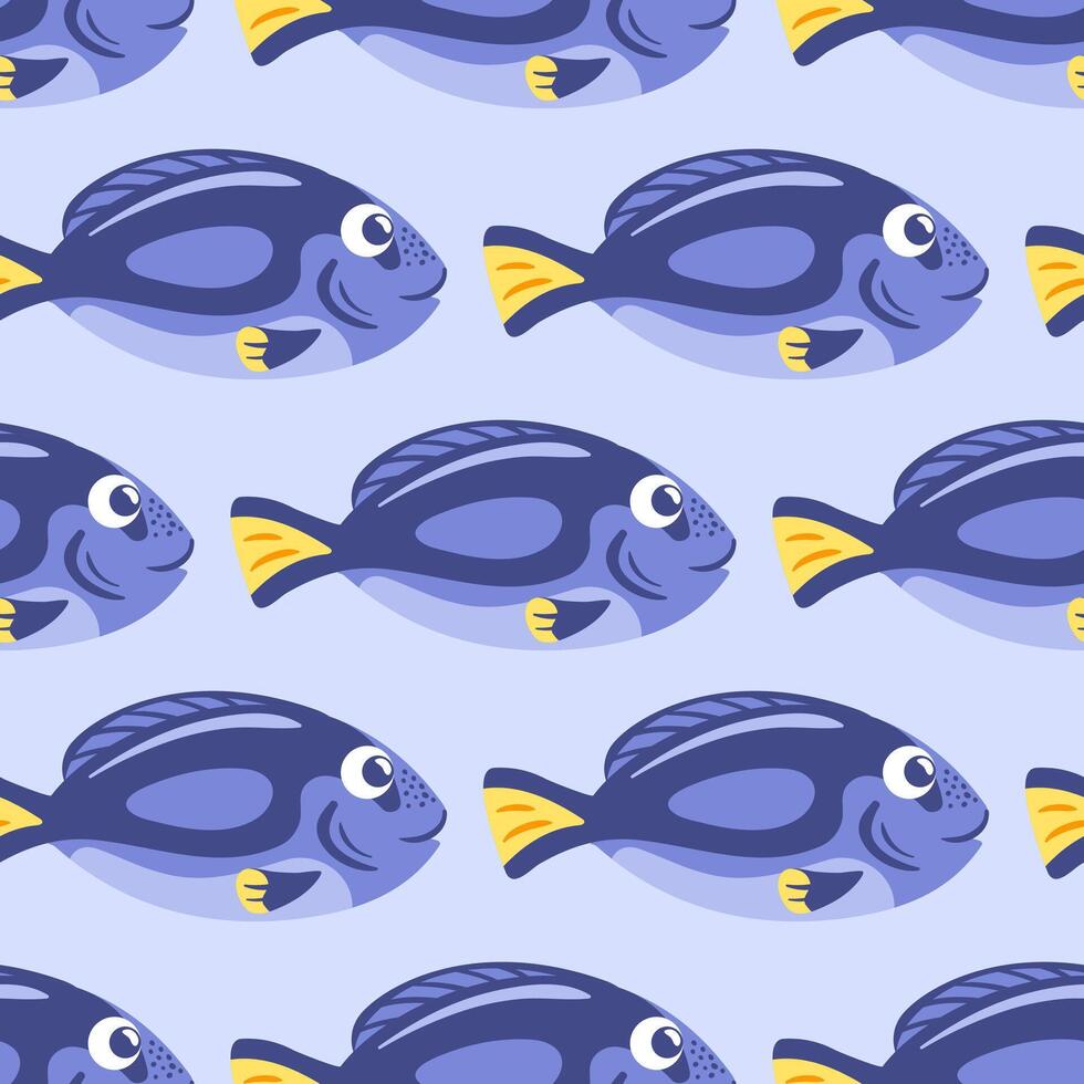 seamless pattern showcases a stunning blue surgeonfish swimming gracefully through the vibrant coral reef. Its striking blue body and yellow accents highlight the beauty of marine life in tropical vector