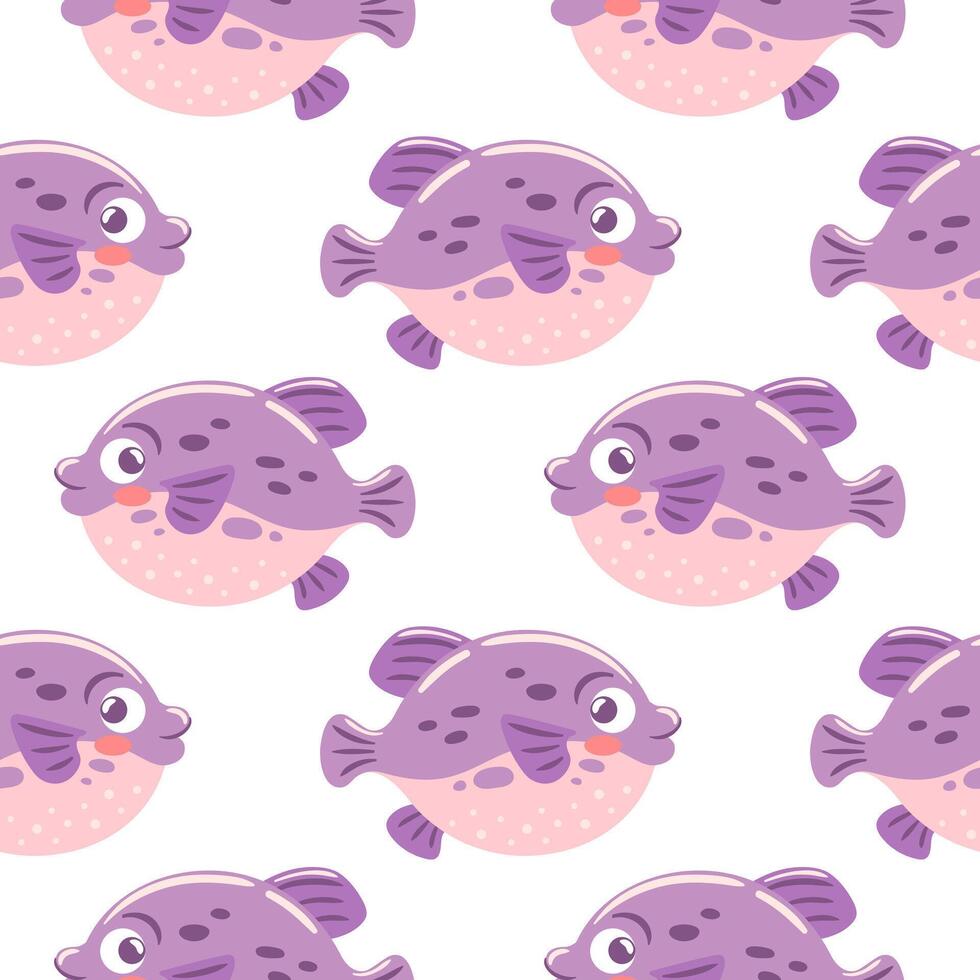 seamless pattern features vibrant fugu fish, known for their unique shape and intriguing design. playful arrangement creates a lively aquatic atmosphere, perfect for various creative projects vector