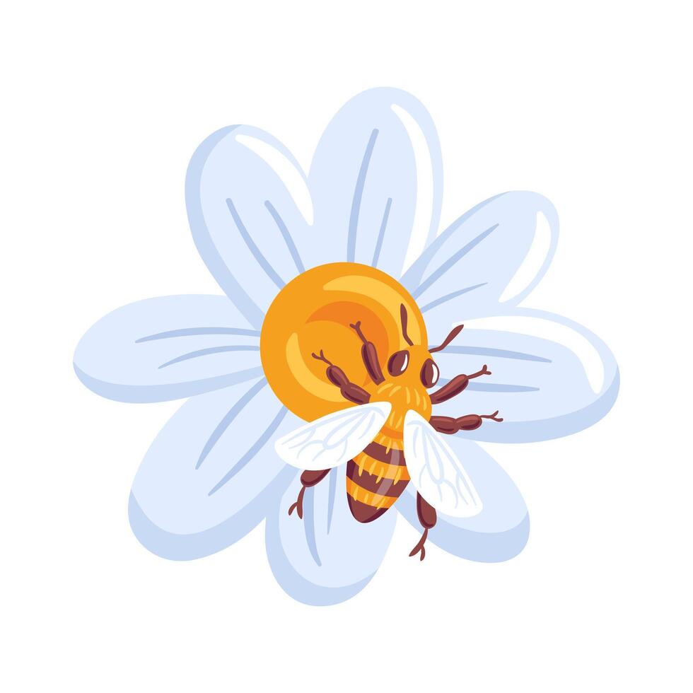 A charming illustration of a bee perched on a vibrant daisy, capturing the essence of nature s beauty. The bee is delicately detailed, while the flower offers a lush backdrop, symbolizing pollination vector