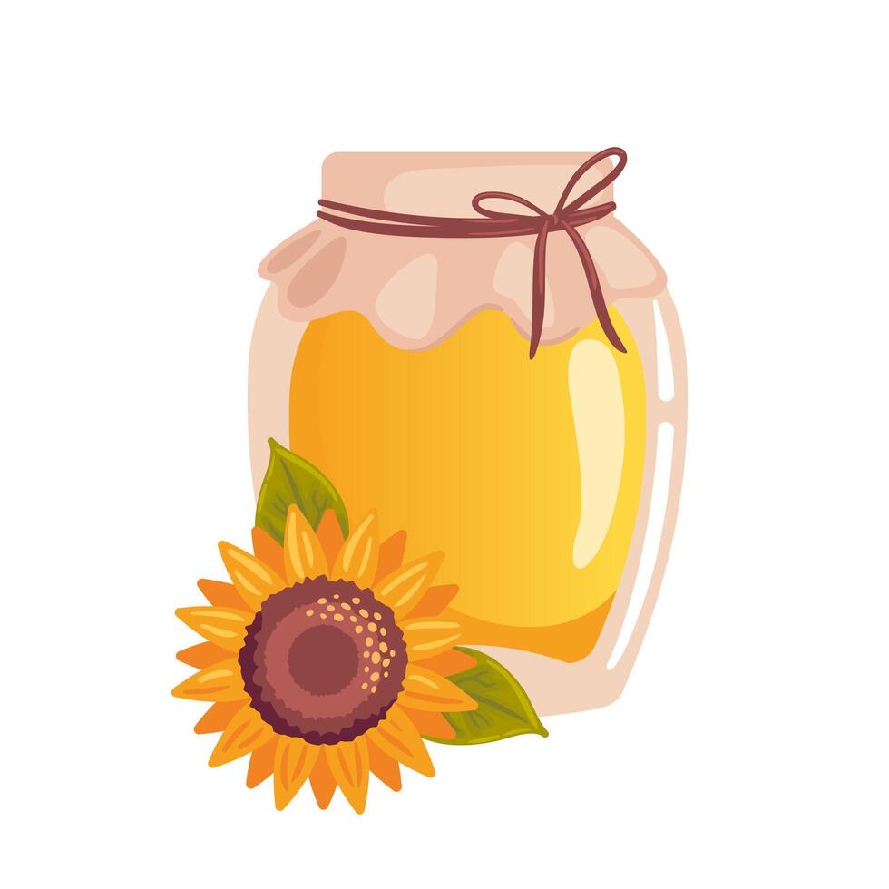 A beautiful illustration showcasing a jar of sunflower honey beside a vibrant sunflower. The golden honey glistens in the light, emphasizing the sweet connection between the flower and its vector