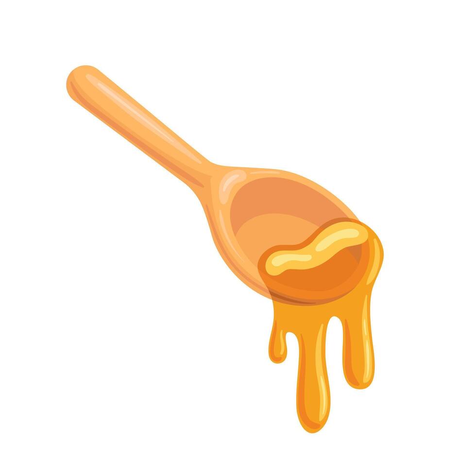 A illustration of a wooden spoon angled gracefully, with luscious honey dripping from its tip. warm hues and natural textures create an inviting, organic atmosphere, ideal for culinary themes. vector