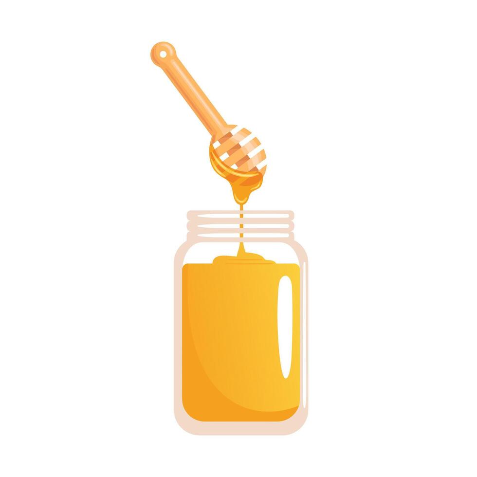 A captivating illustration depicting honey dripping from a wooden honey dipper into a glass jar. The golden liquid sparkles, showcasing its rich texture, perfect for conveying sweetness and nature s vector