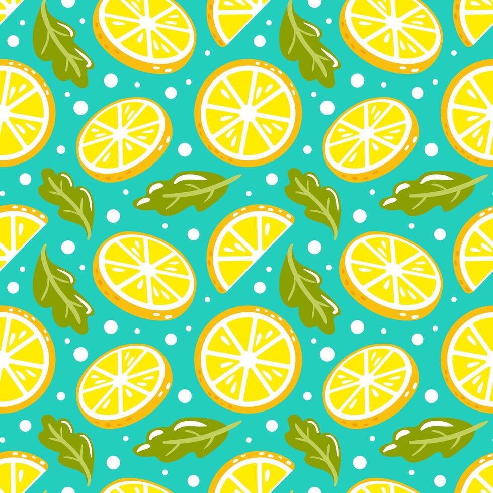 A seamless pattern featuring vibrant lemons and mint leaves. The playful design features whole lemons and slices, making it ideal for packaging, textiles, and summer-themed projects. vector