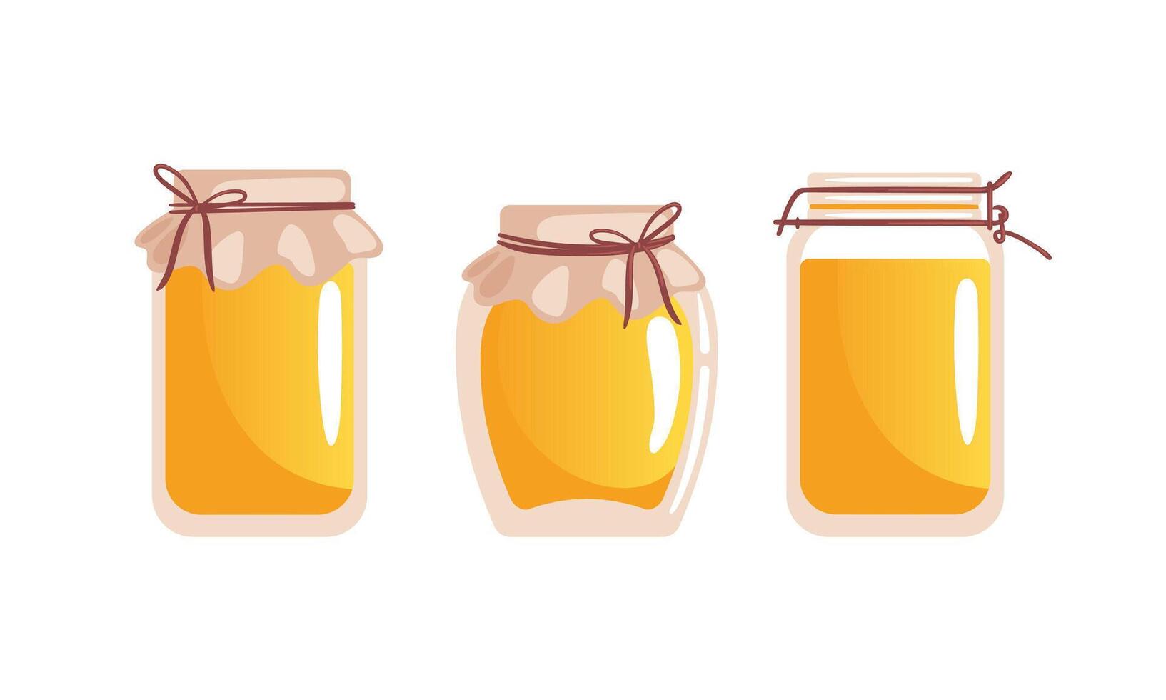 A illustration of honey jars of various shapes and sizes, each filled with golden, shiny honey. The jars are decorated with canvas fabric and rustic twine, showcasing their artisanal appeal. vector