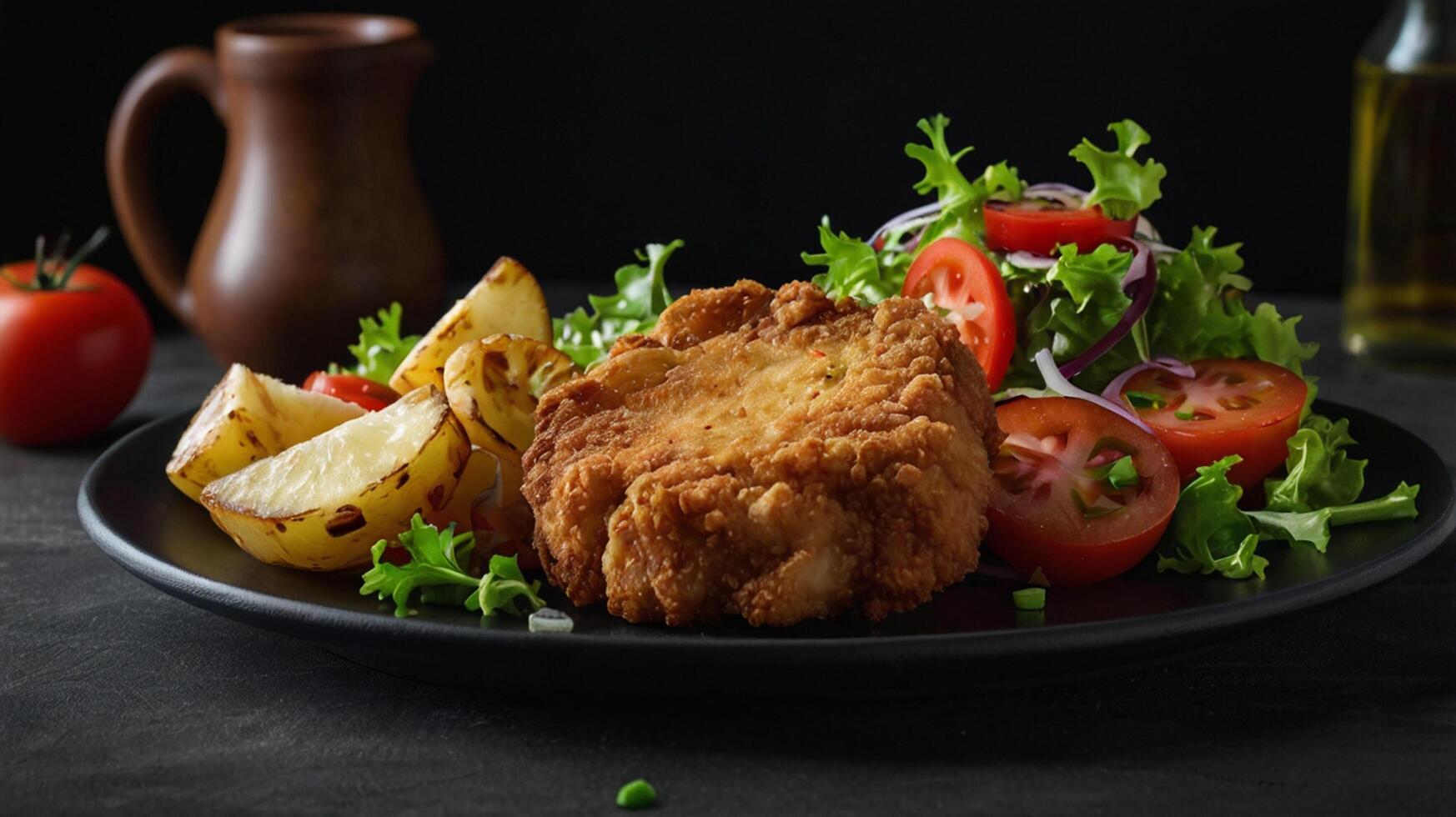 Fried chicken cutlet with salad and potatoes on a black plate photo