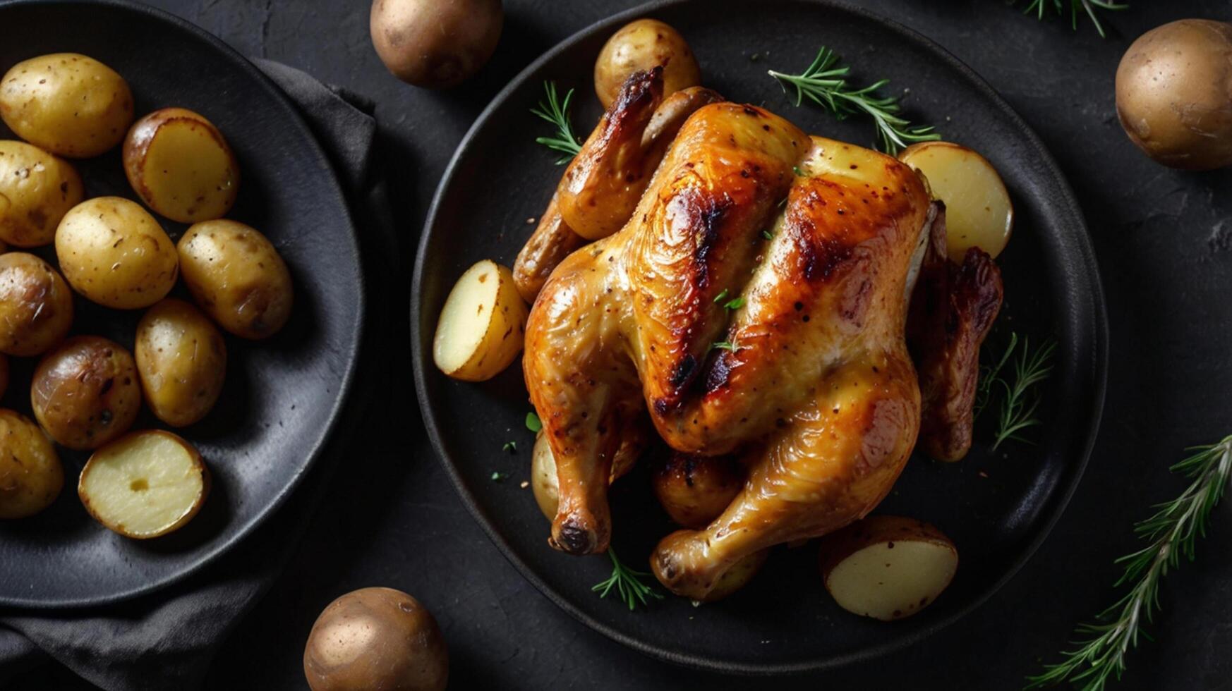Roasted chicken and potatoes on black background photo