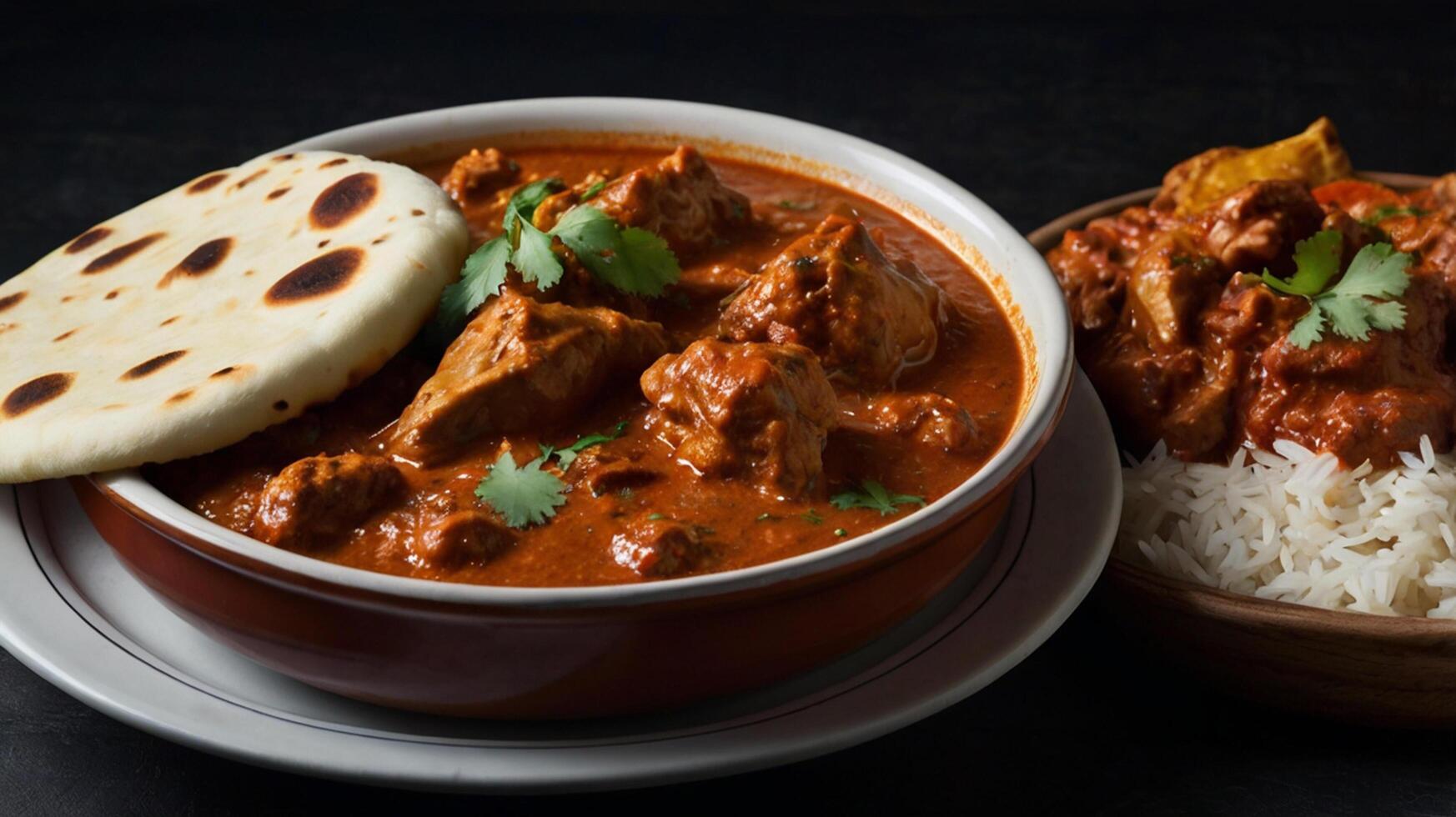 Indian food curry with rice and bread photo