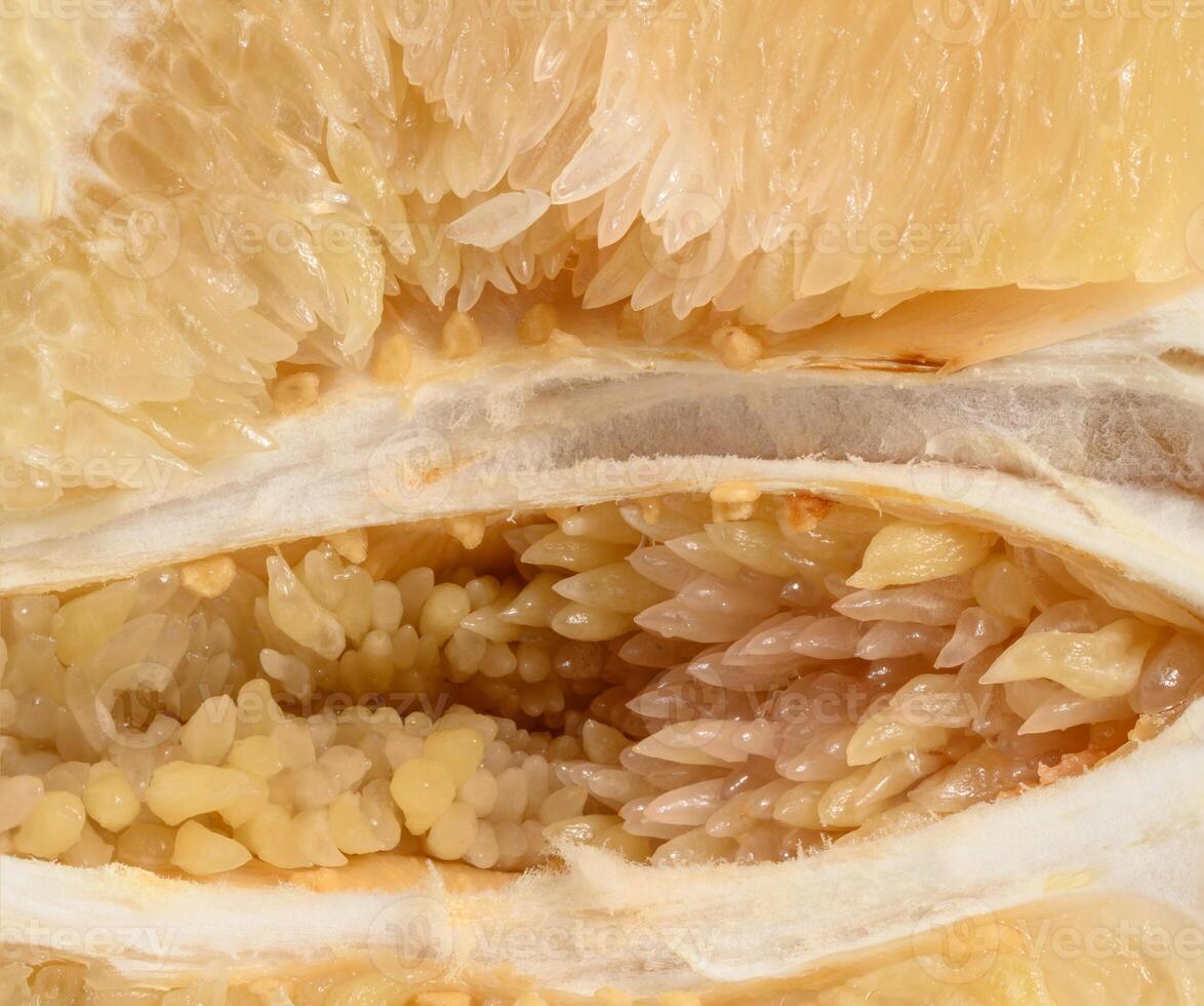 Close-up of a fresh pomelo fruit, showing the juicy flesh, seeds, and fibrous texture. Natural, organic tropical citrus fruit in macro view. photo