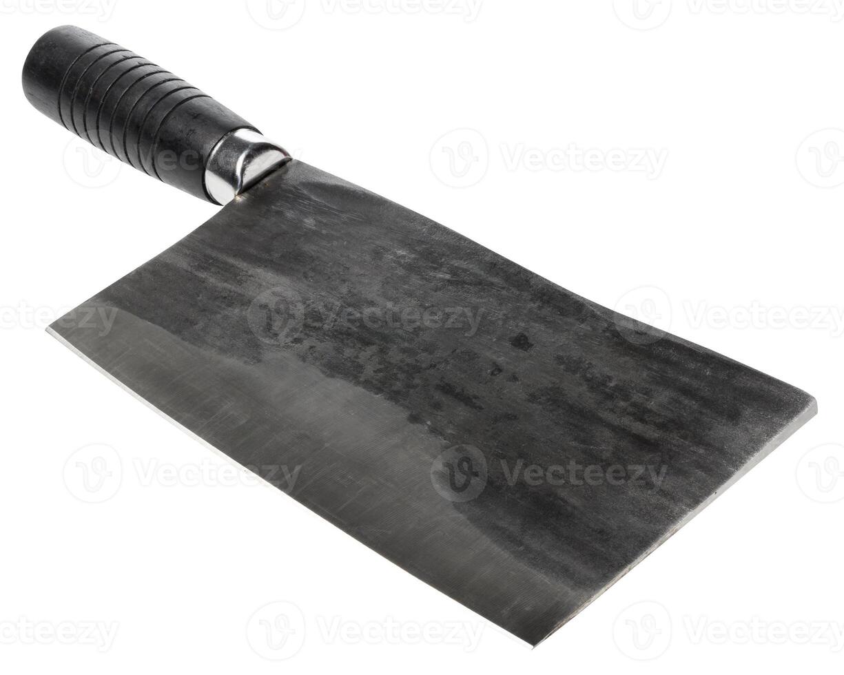 Large, heavy meat cleaver with a dark, textured blade and a black, ridged handle, isolated background. Cleaver has a sturdy and robust appearance photo
