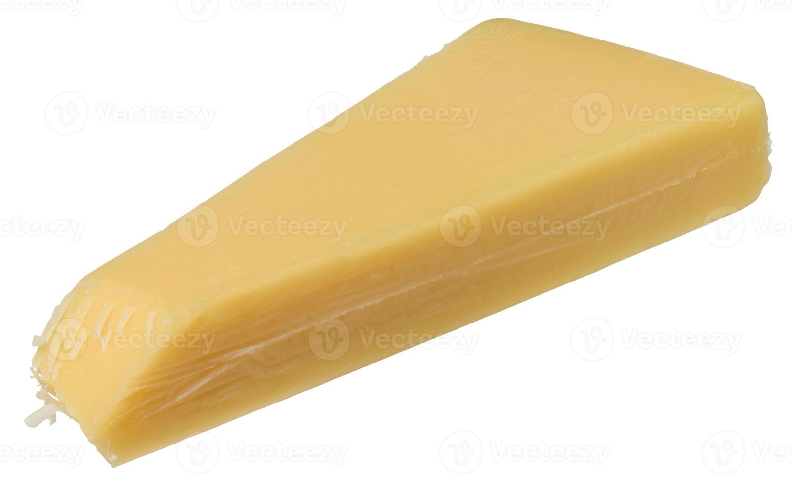 Triangular wedge of smooth, light yellow cheese, isolated background. Parmesan photo