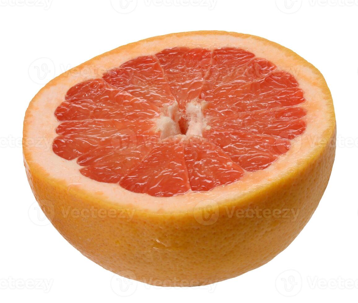 Halved pink grapefruit, isolated background. The juicy pink flesh and white pith photo