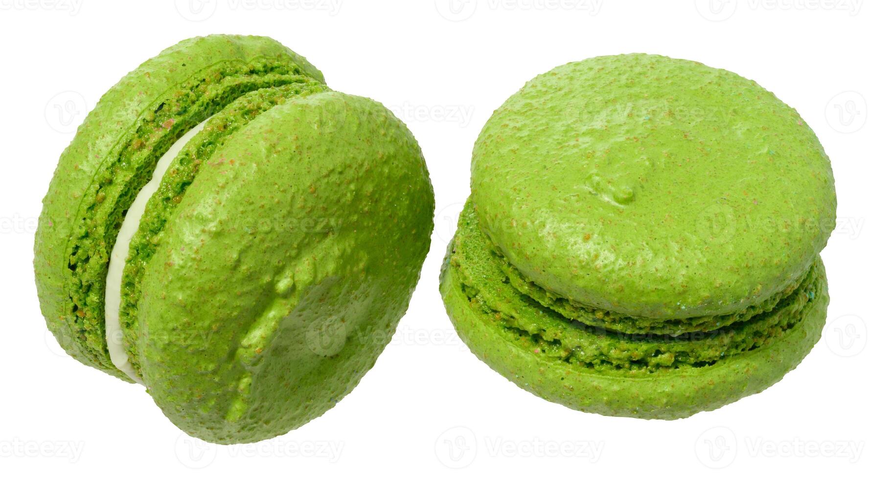 Green macaron with a creamy white filling, isolated background photo