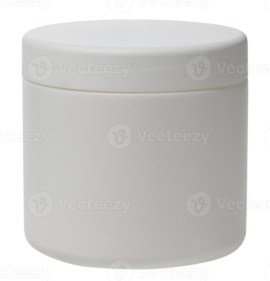 White plastic jar with lid for cream on isolated background, close up photo