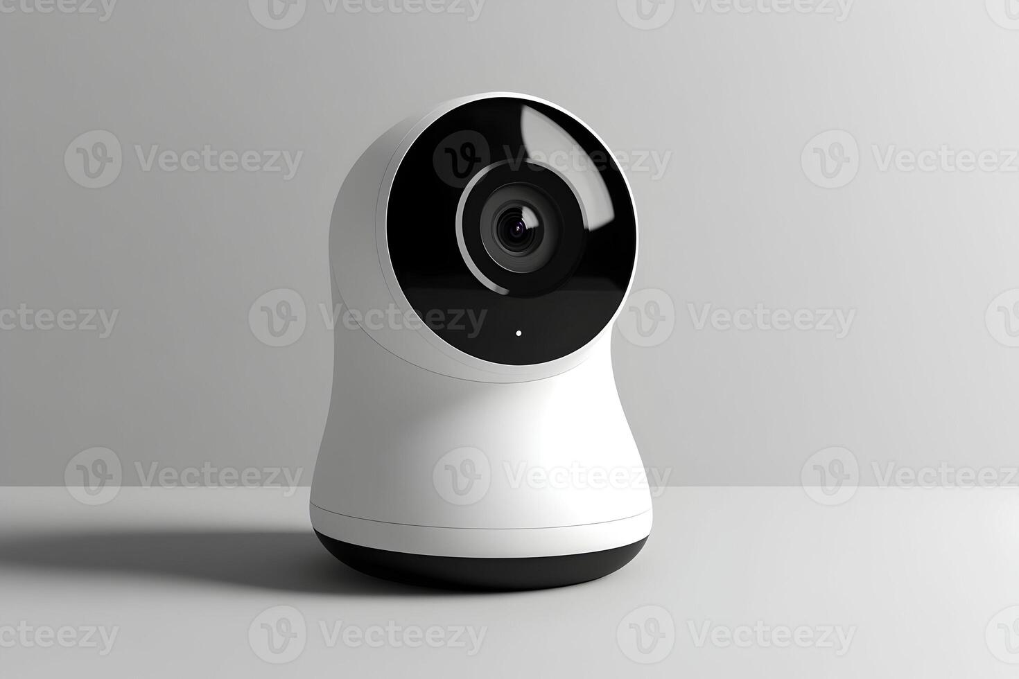 Compact wireless security camera with wide-angle lens on a gray surface. photo