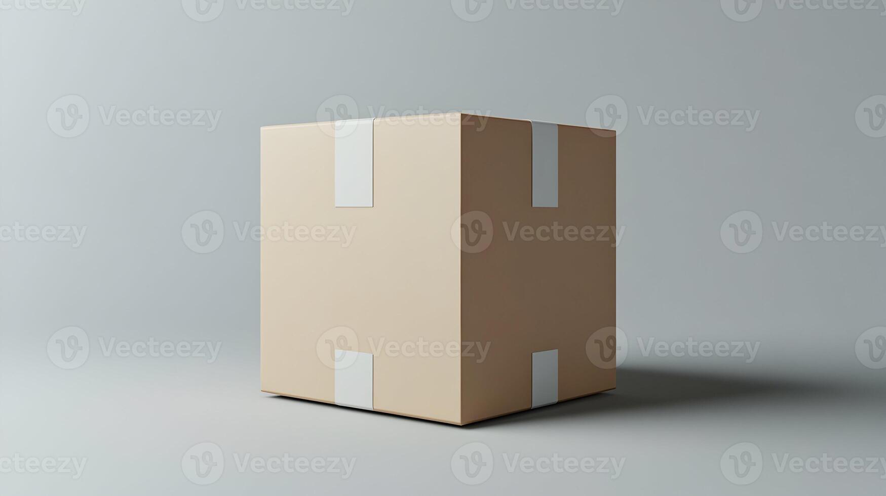 Plain Cardboard Box Sealed With White Tape Standing in Minimalist Space. photo