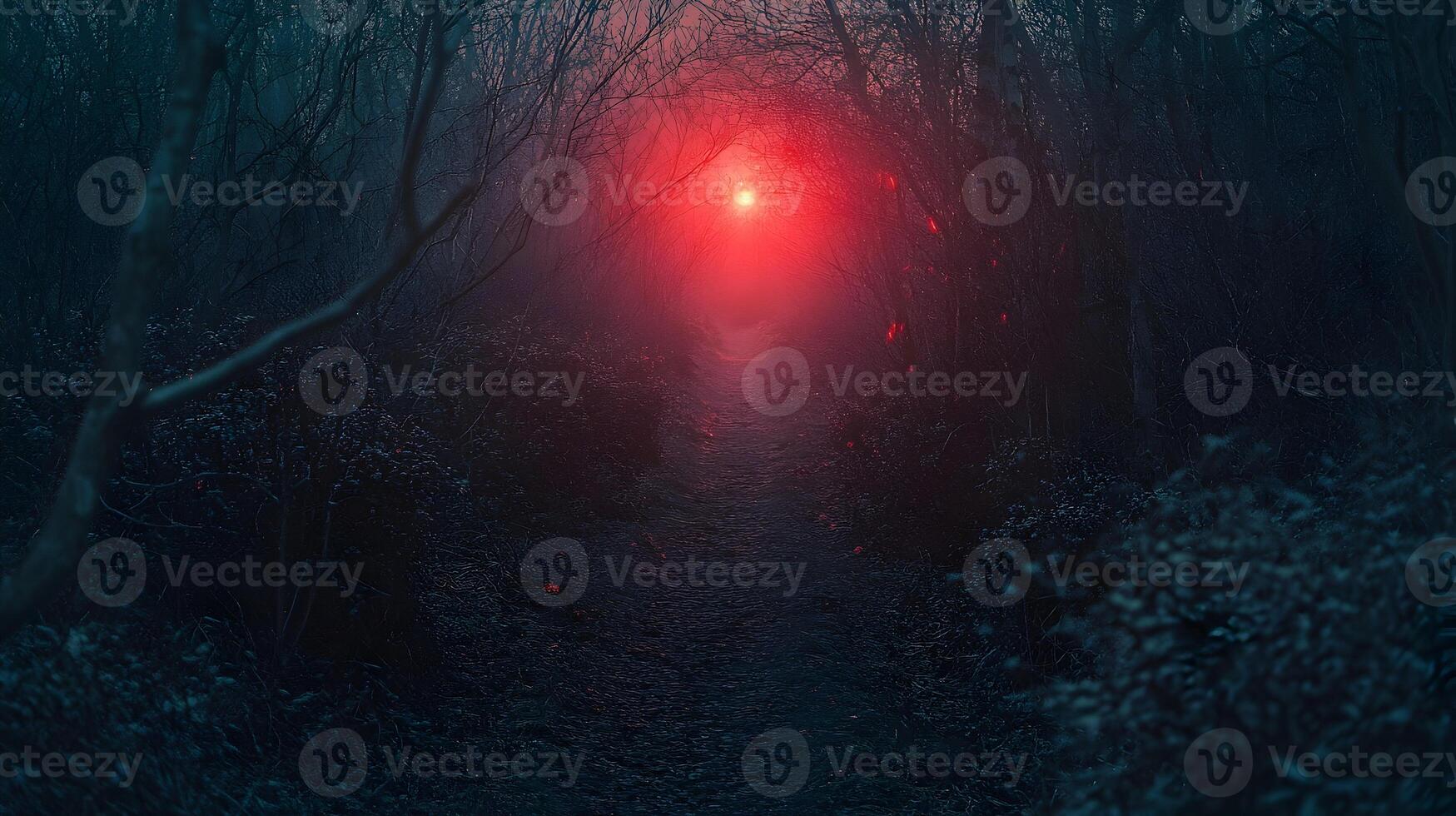 Dark forest path illuminated by a mysterious red light in the distance, creating an eerie and otherworldly atmosphere. photo