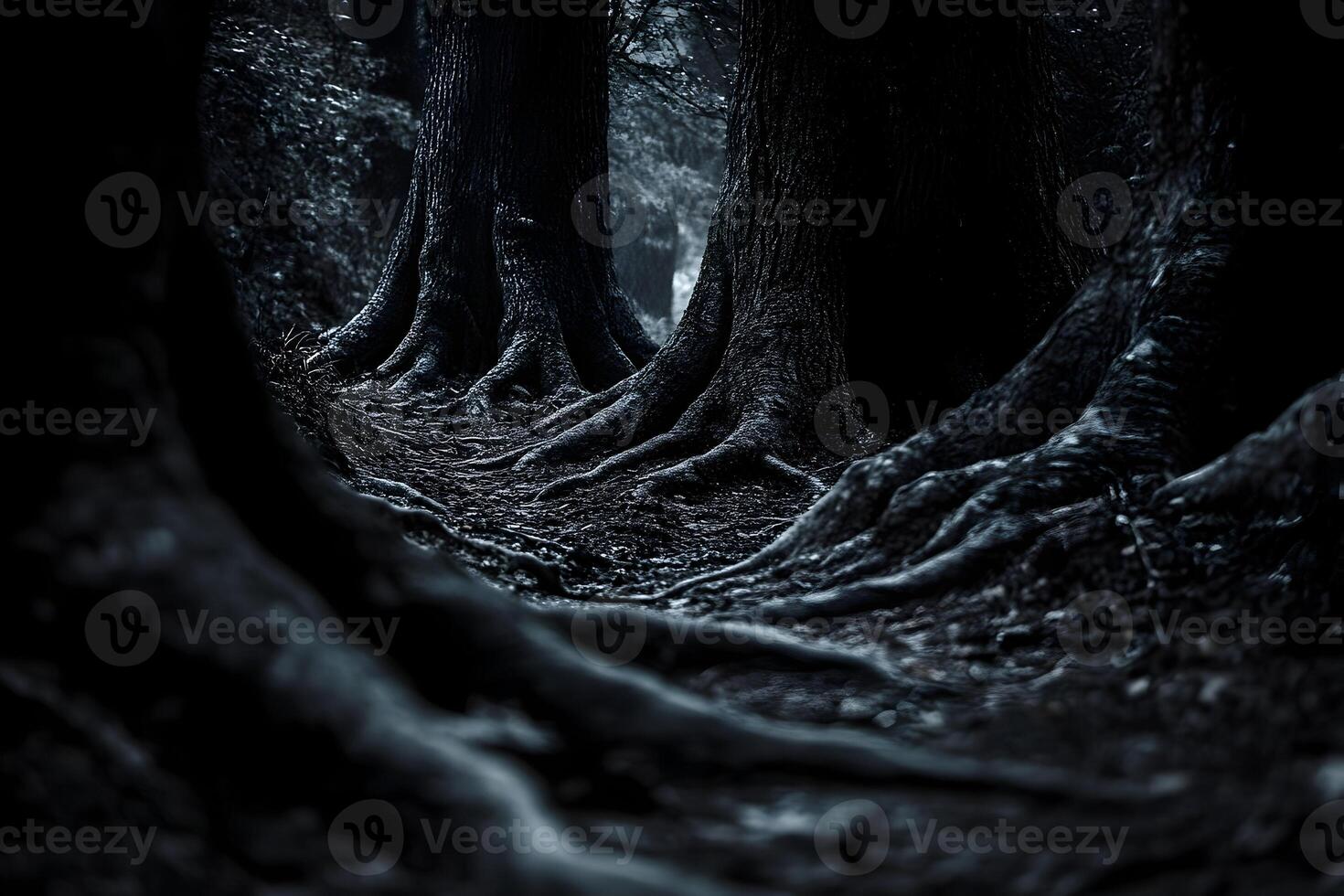 Dark forest with massive tree roots stretching across the ground, creating an eerie and mysterious woodland path. photo