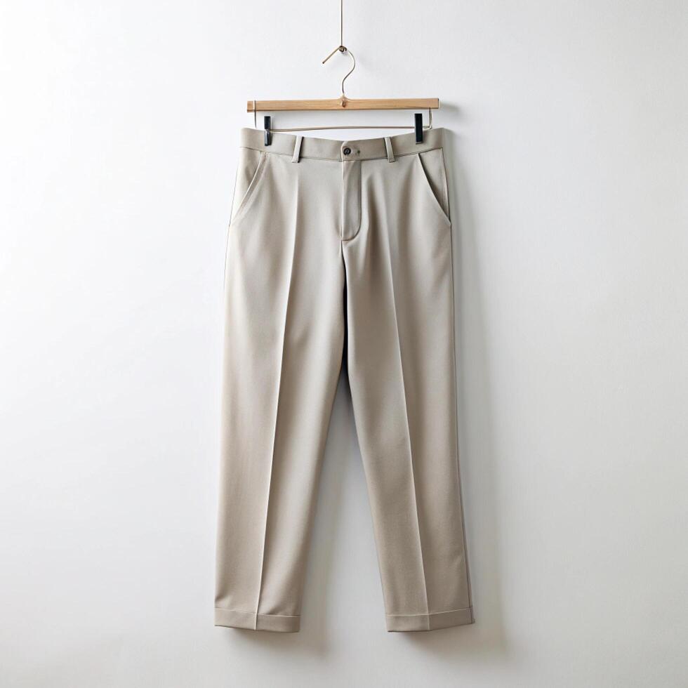 Casual beige trousers hanging neatly on a wooden hanger against a clean white background, representing a classic and timeless fashion piece photo