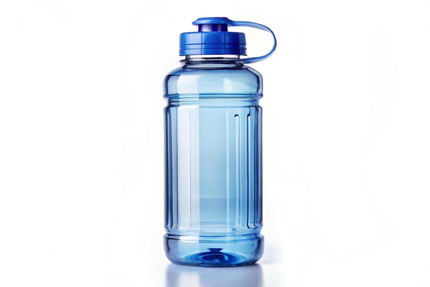 Blue water bottle isolated on white background, clear plastic container for hydration and fitness photo