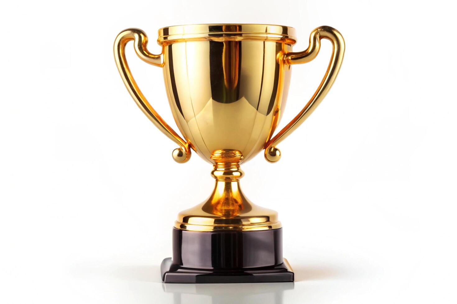 Elegant golden winners trophy with a polished finish and stylish handles, set on a black pedestal, ready for recognition or award ceremony photo