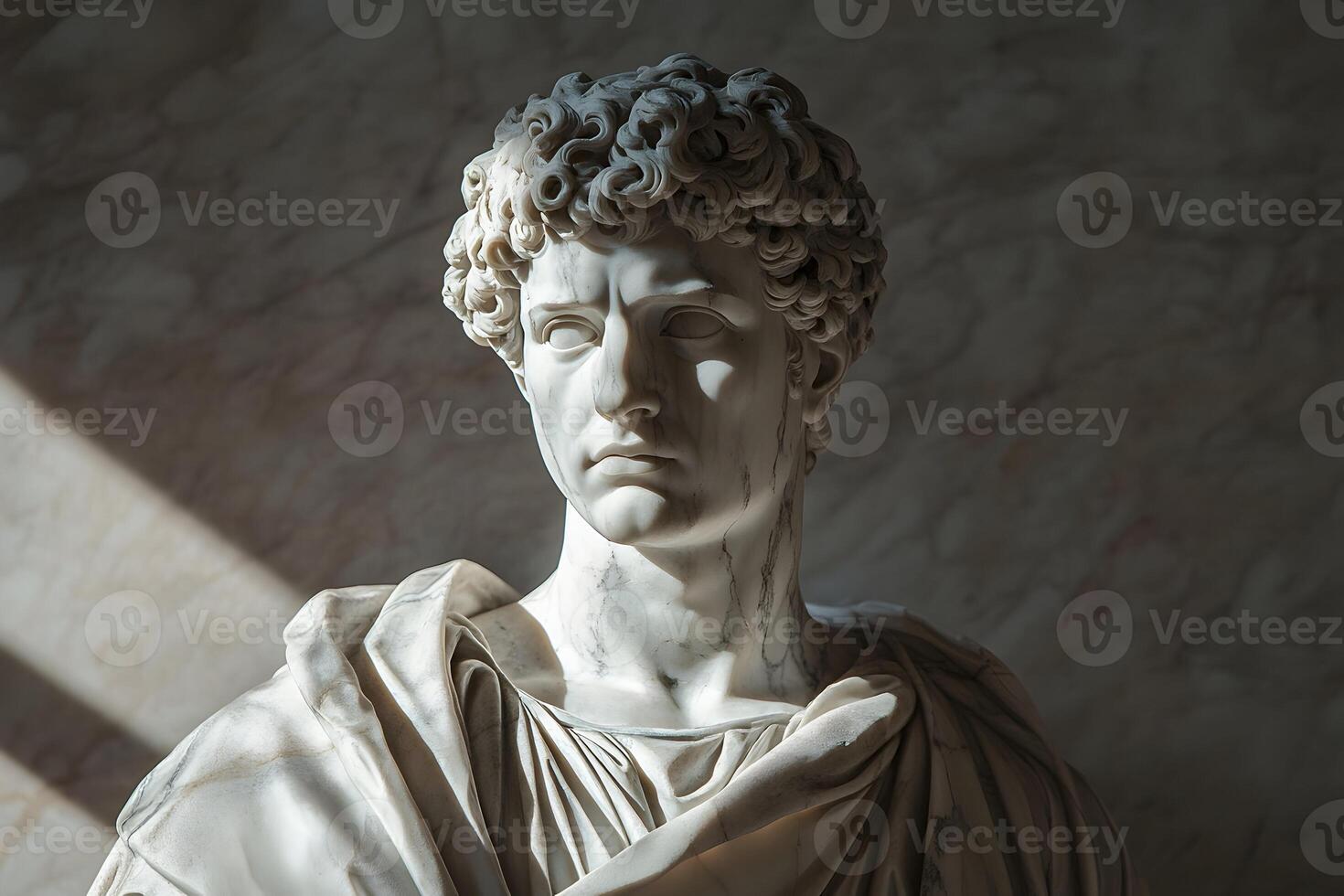 Marble Bust of Classical Roman Male Figure in Museum Display with Soft Lighting. photo