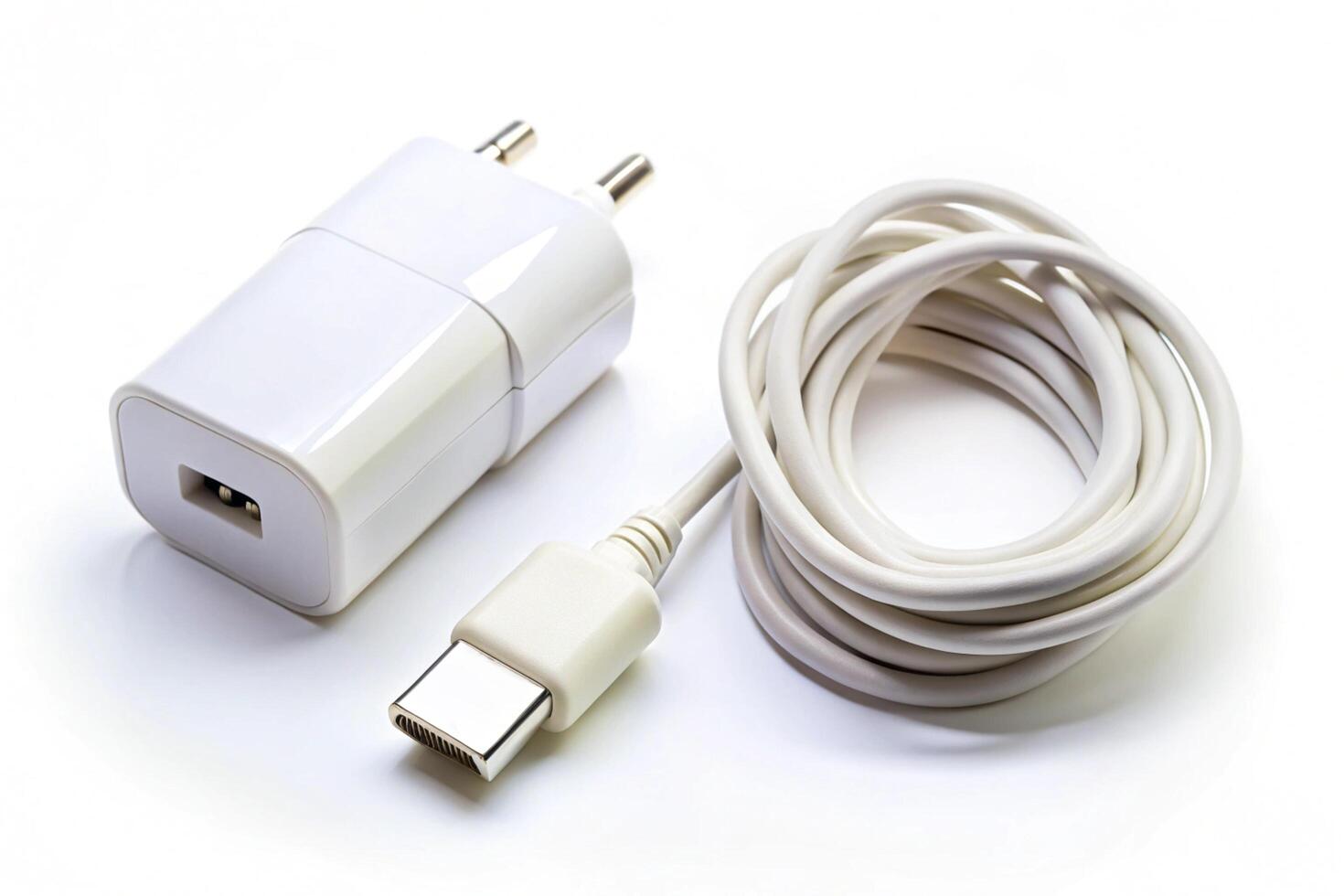 white USB charger with a cable, featuring a USB Type C connection, designed for charging devices on a clean white background photo