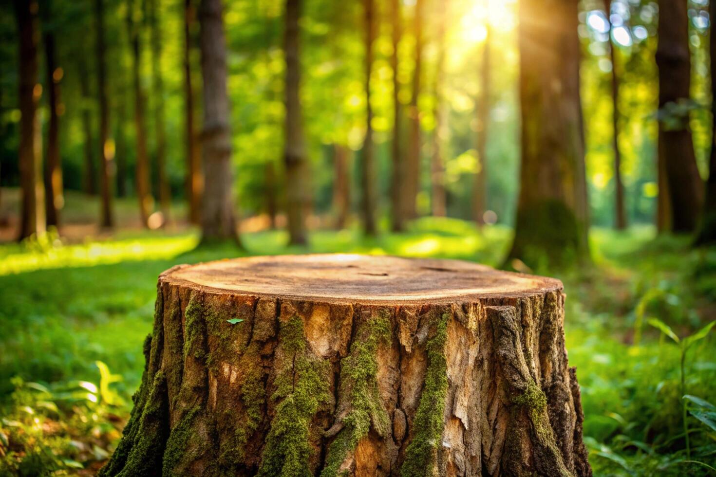 moss covered tree stump in a peaceful green forest with dappled sunlight shining through trees, perfect autumn vibe photo
