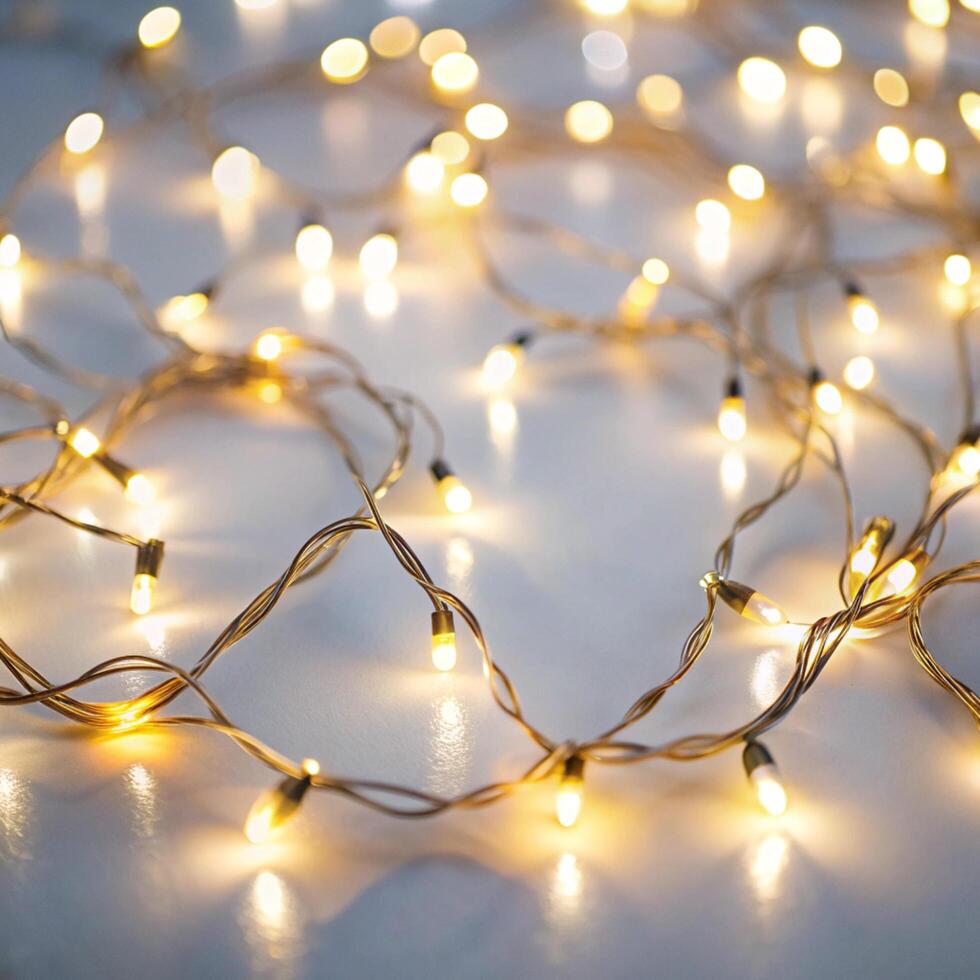 Delicate strands of glowing fairy lights forming a captivating design on a white backdrop, perfect for adding sparkle and magic to any celebration photo