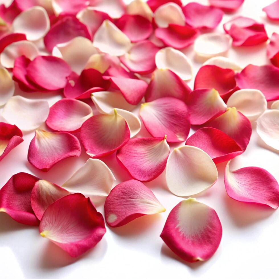 Elegant and soft pink and white rose petals spread out on a smooth white background, conveying romance, relaxation, and gentle beauty for various creative uses photo