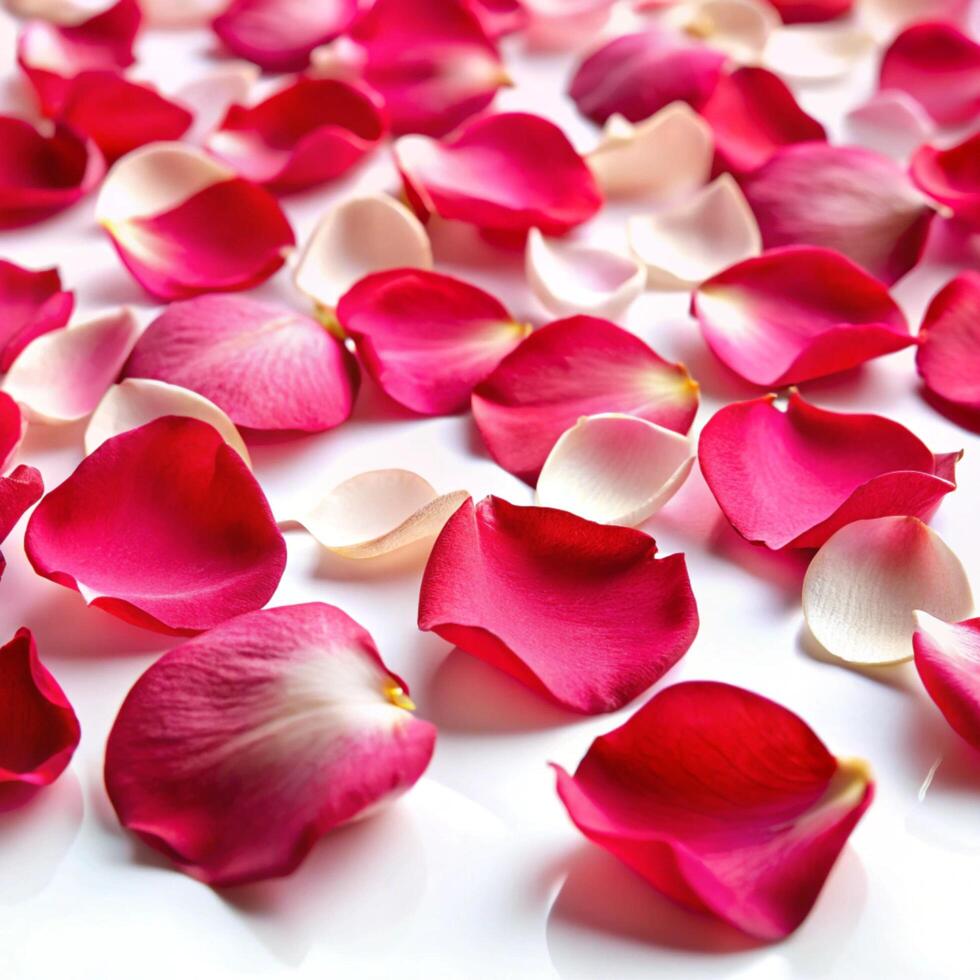 Beautiful rose petals in shades of pink and white arranged in a delicate, aesthetic pattern on a pristine white surface for a peaceful and romantic ambiance photo
