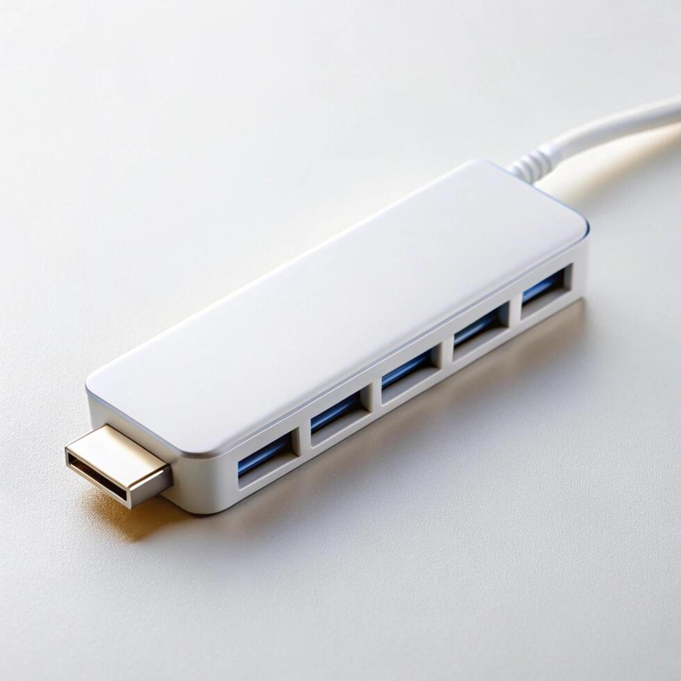 White USB hub with several USB ports and a USB Type C connector, device for expanding connection options for laptops or computers photo