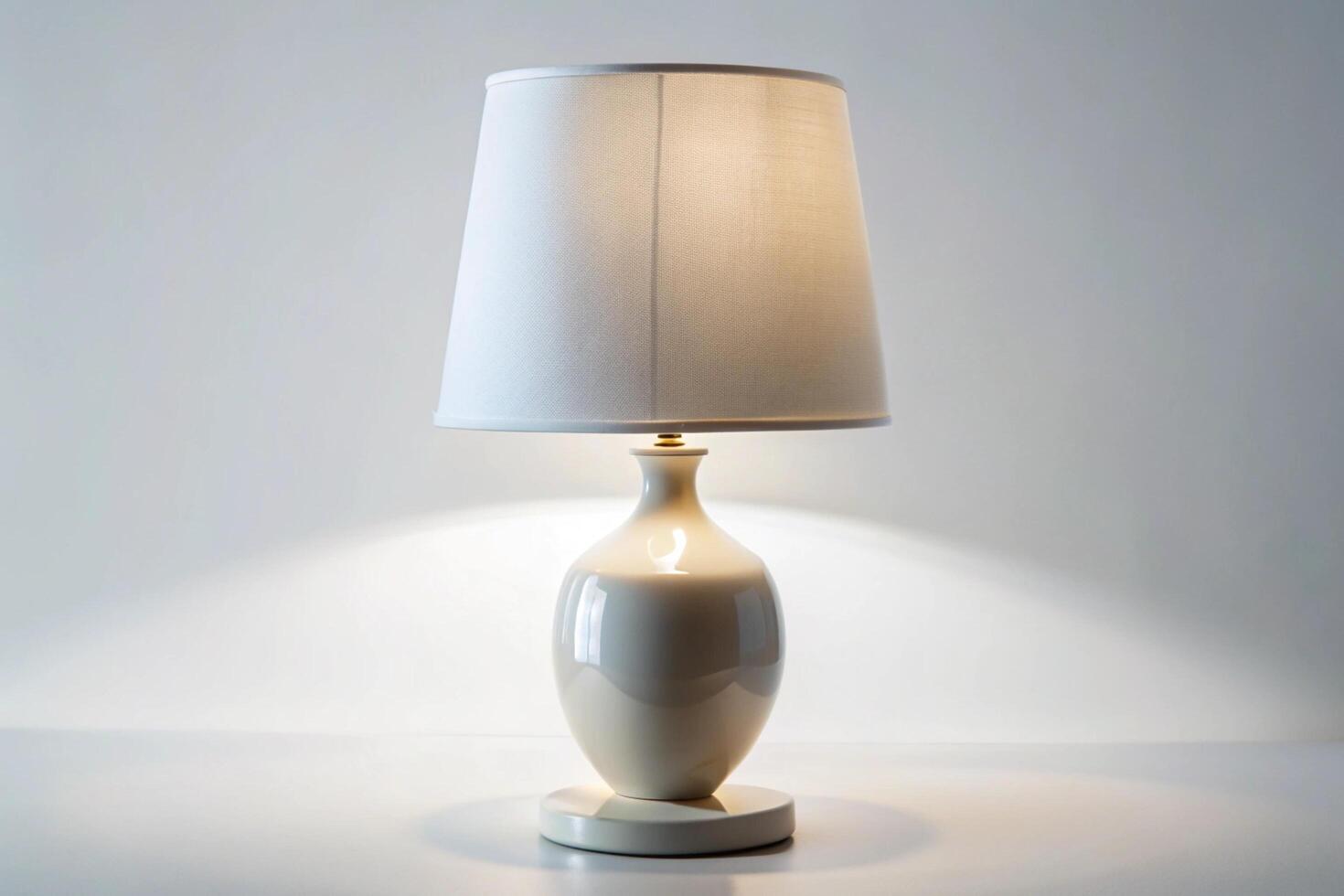 Stylish white ceramic table lamp with soft lighting, showcasing a minimalist design with a classic lampshade for contemporary interiors photo