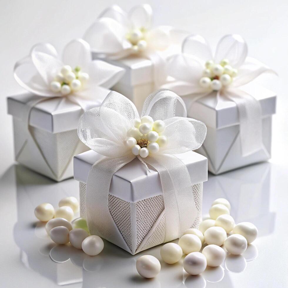 Beautifully wrapped white wedding favors with elegant floral details and satin bows, ideal for adding a touch of luxury to any special occasion photo