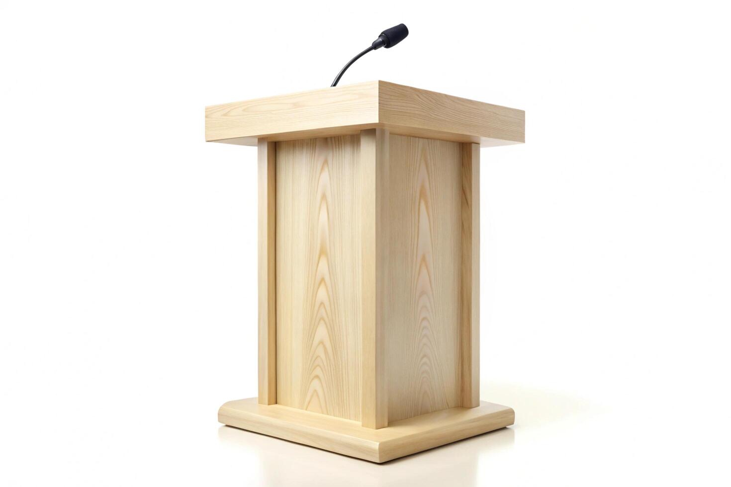 Wooden podium with a sleek microphone, ideal for conferences, seminars, and formal speaking engagements photo