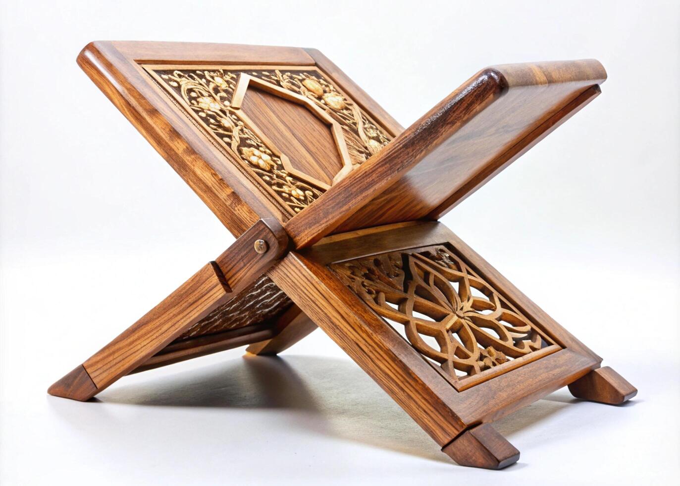 Elegant wooden rehal book stand with intricate geometric patterns, an essential item for displaying books or art in a sophisticated setting photo