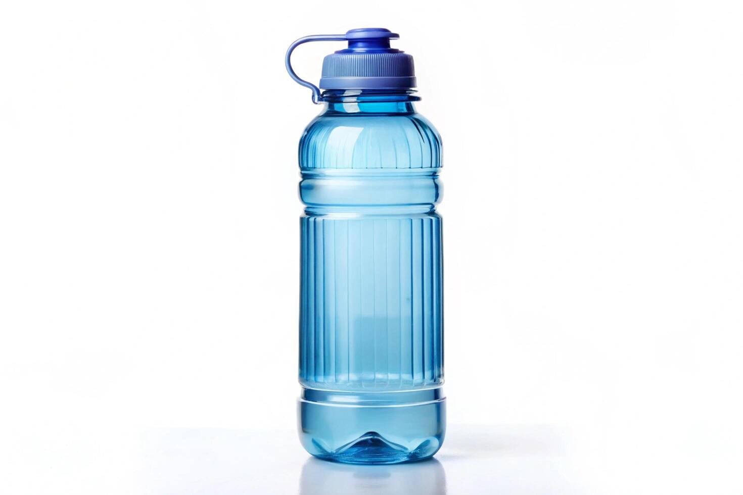 Transparent water bottle with a blue cap isolated on a white background, perfect for health and wellness photo