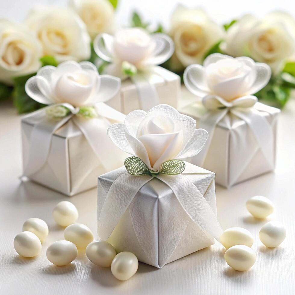 Charming and sophisticated wedding favors featuring white gift boxes with delicate floral accents and satin ribbons, perfect for weddings or events photo