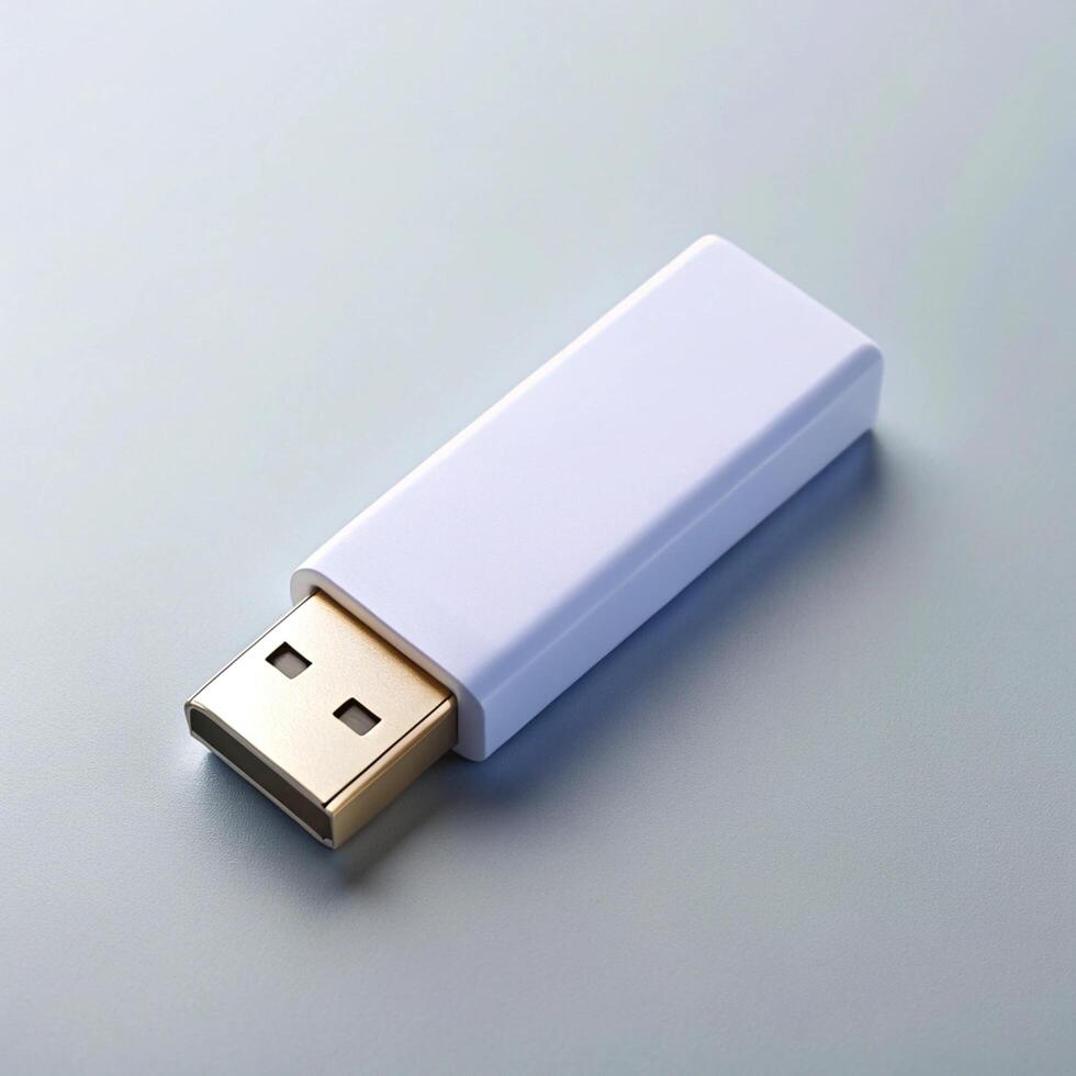 white usb drive on gray background minimalist tech storage device photo