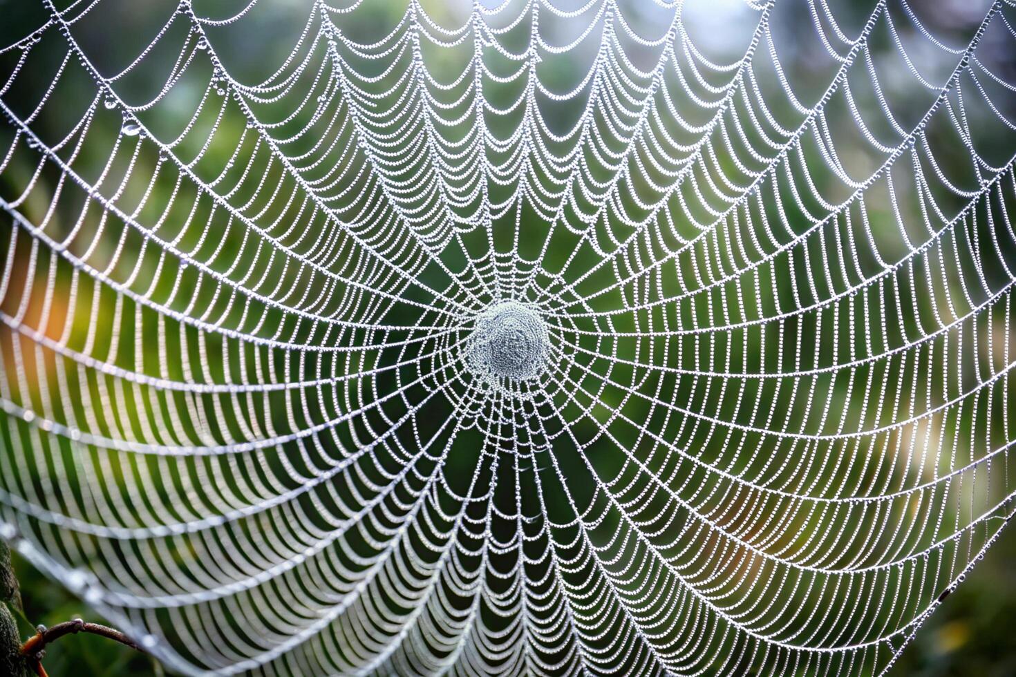 Detailed close up of a spiders web covered in morning dew, highlighting the fine threads and reflective water droplets photo