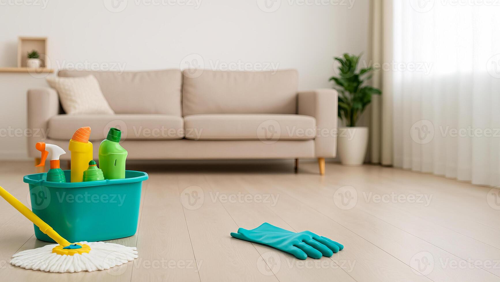 Cleaning supplies and rubber gloves on wooden floor in modern bright living room. Concept of home cleaning, household chores, domestic care, tidy space photo