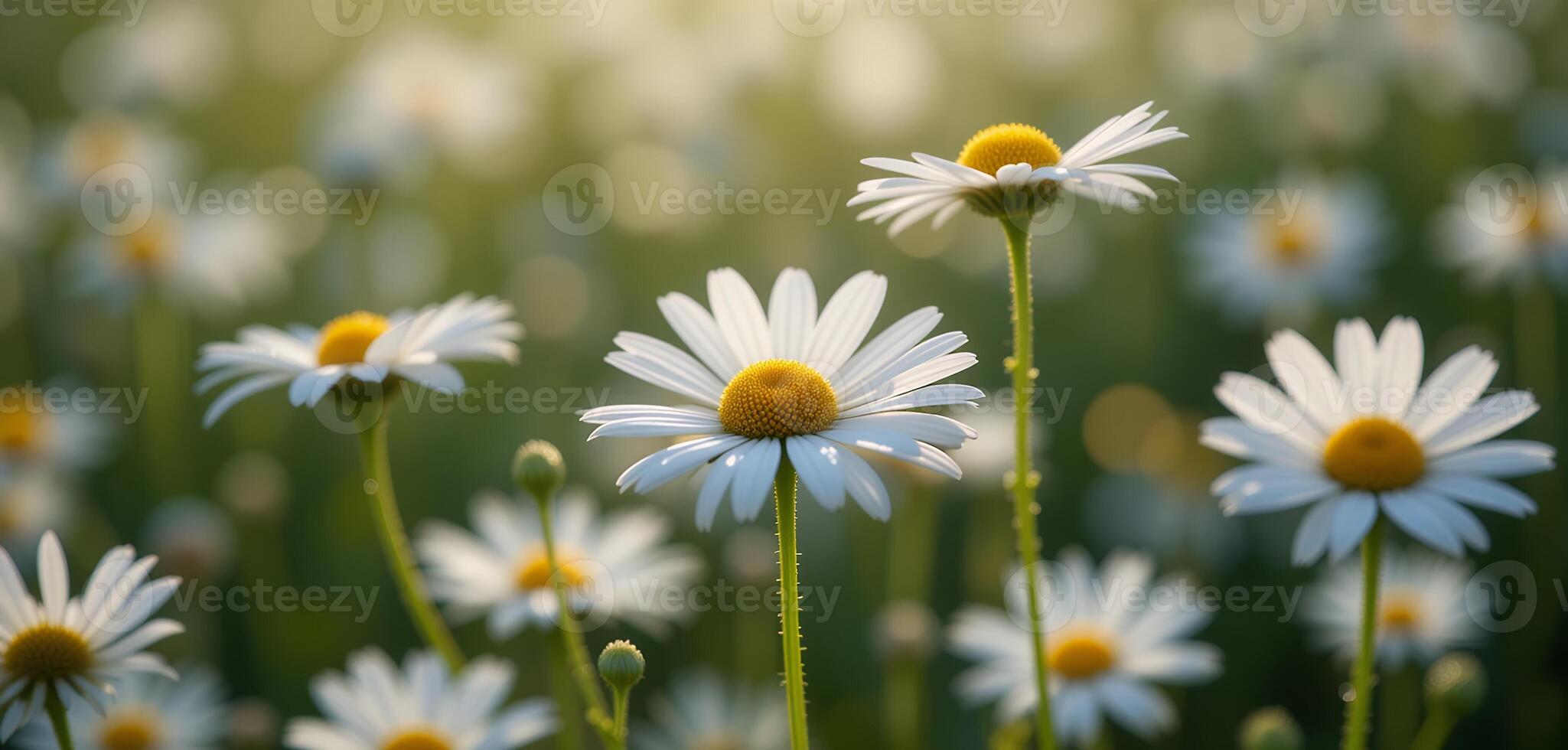 Close up view of several daisies with white petals and yellow centers in a field photo
