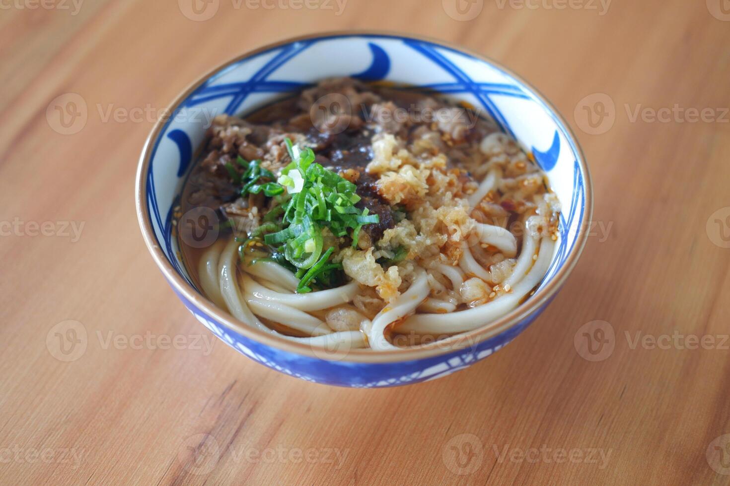 a bowl of savory Japanese udon noodles served in a flavorful broth photo
